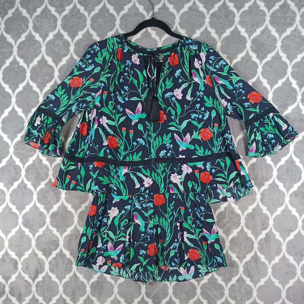 Kate Spade NY Romper Women Size 2‎ Black Floral Jardin Crepe Hummingbird Tassel